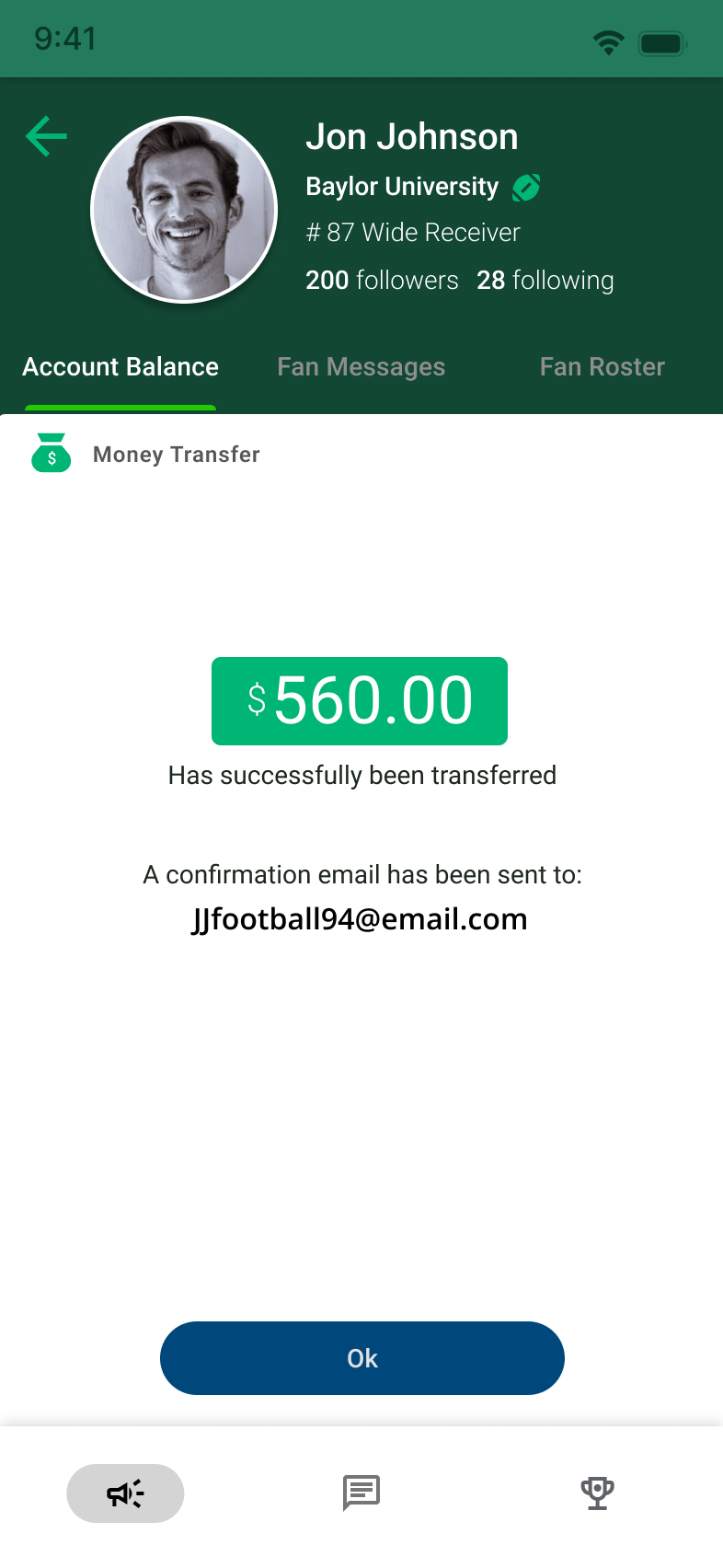 MVP athlete view: transfer confirmation with emailed receipt