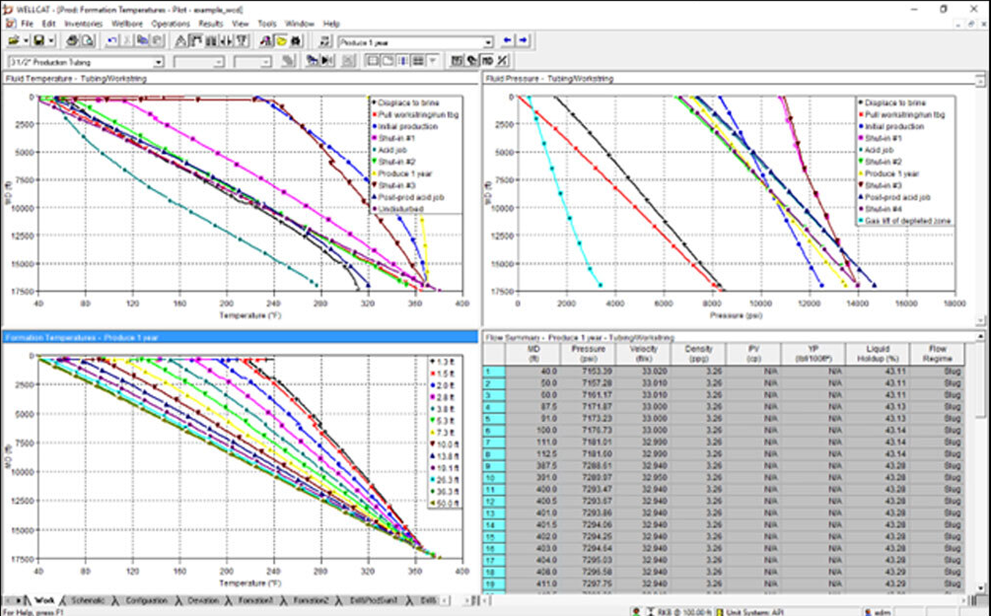 WELLCAT legacy well-analysis software: dense plots and numeric tables in a Windows-era interface